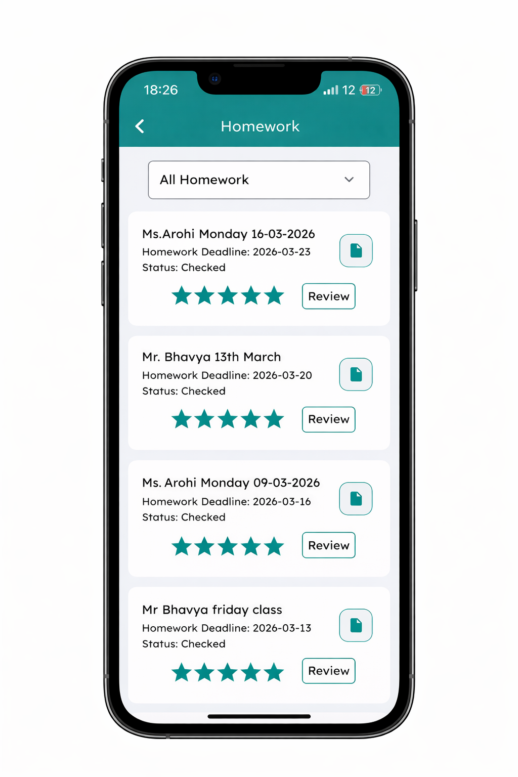 Homework feedback screen